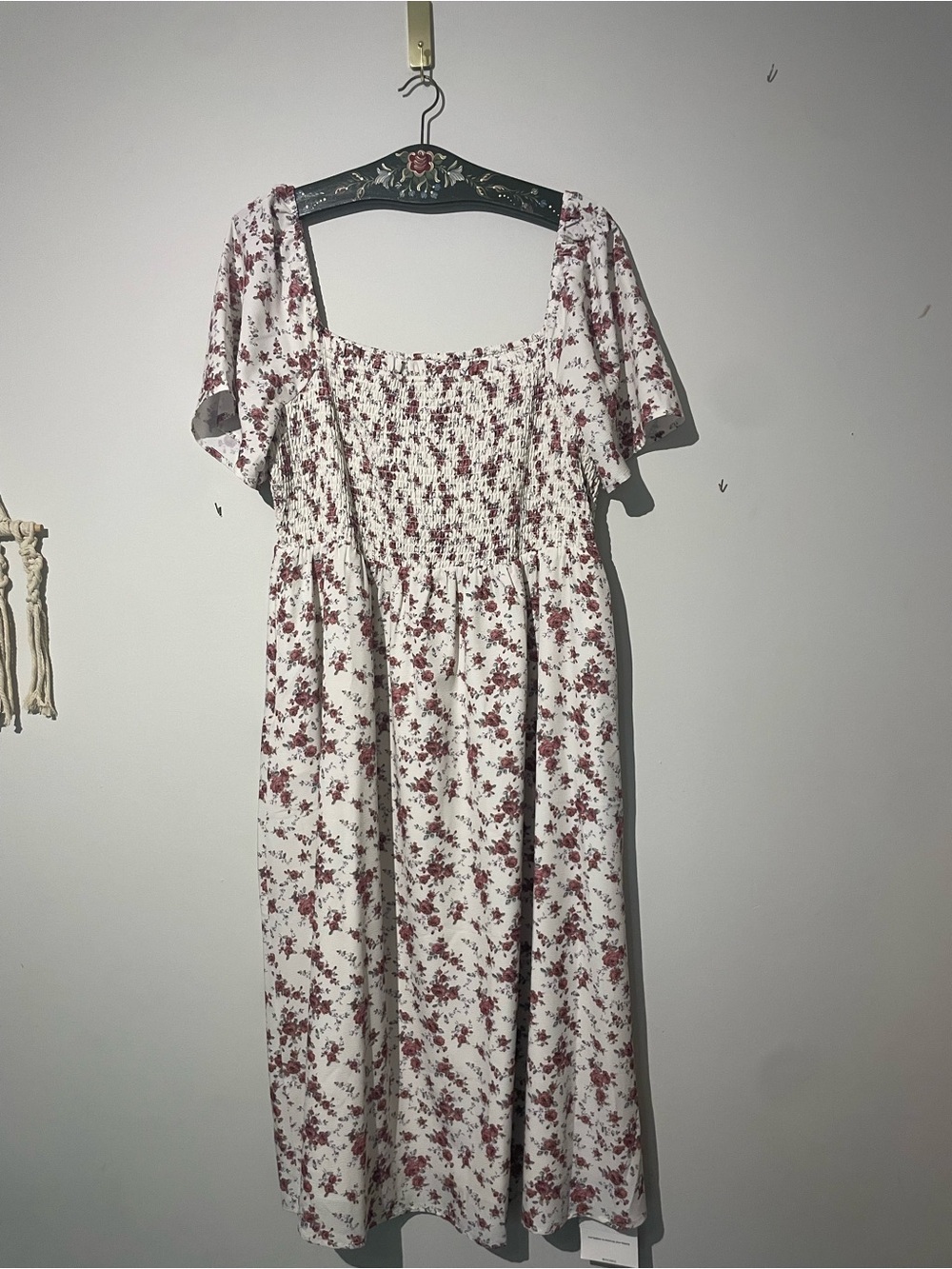 Smocked Square-Neck Midi Dress in Cream with Burgundy Floral
